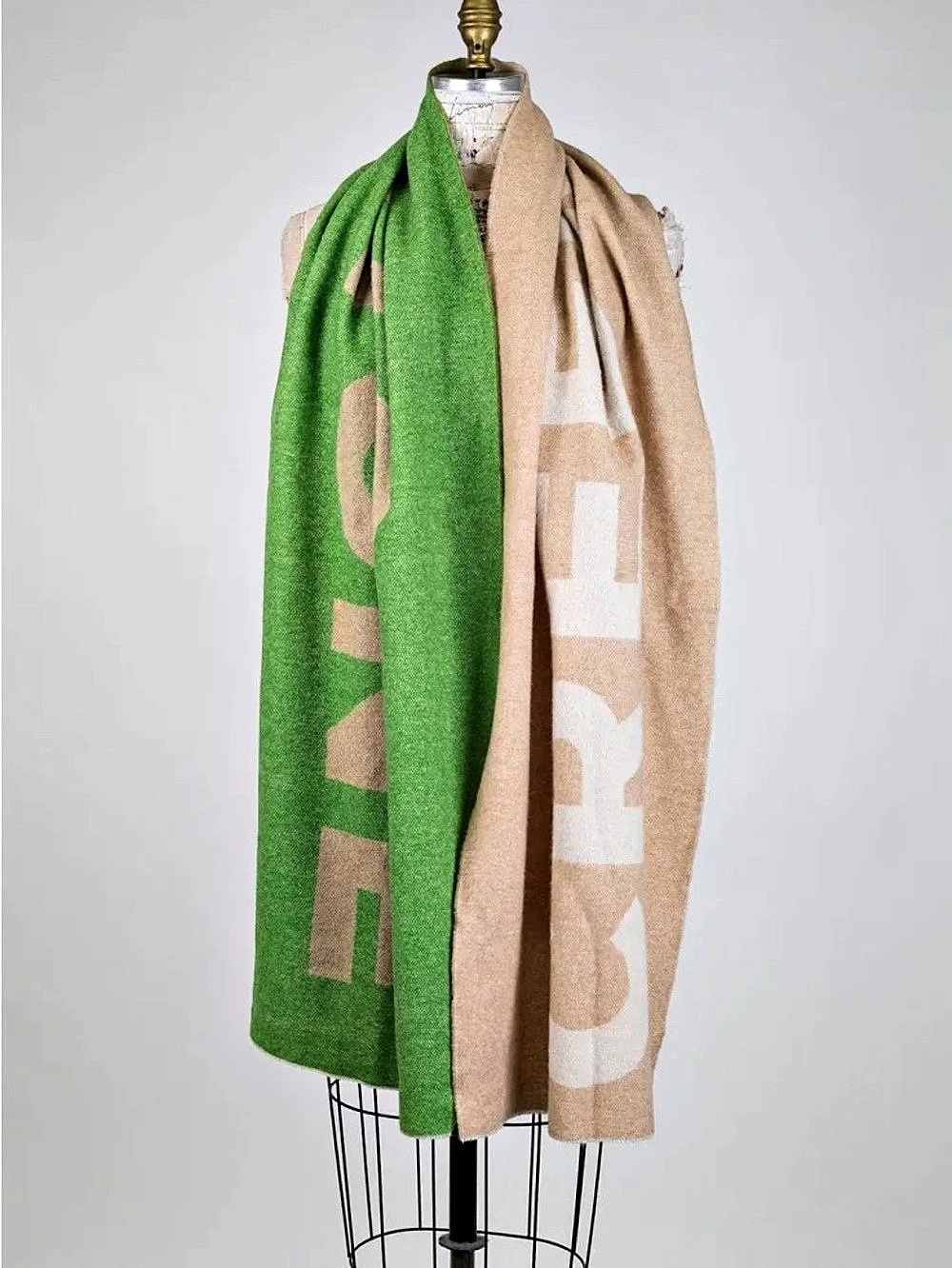 Creenstone Two-Tone Oversized Bicolor Logo Knit Scarf Green Beige